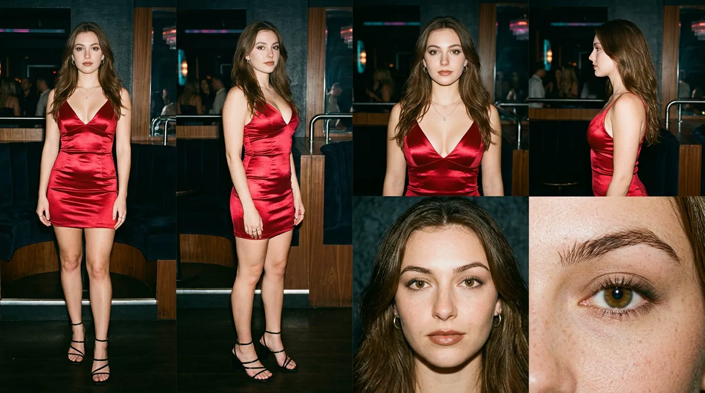 The woman's character sheet: a young woman with long dark hair in a red mini dress, in several portraits and a full-length view