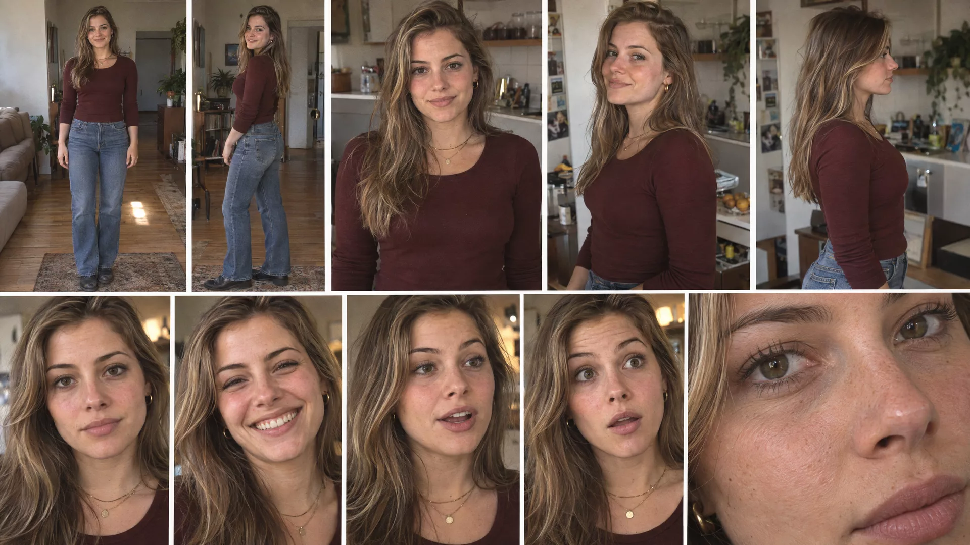 Her character sheet: ten photographs of one young woman with long light-brown hair in a burgundy long-sleeve top, jeans and thin gold necklaces, full length front and three-quarter, waist up, profile, four expressions and an extreme close-up of her skin