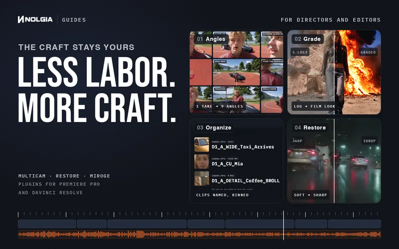 Anleitungen von NOLGIA für Regie und Schnitt: LESS LABOR. MORE CRAFT. neben vier echten Ergebnissen: ein Take, den Multicam in neun Kameraperspektiven verwandelt, flaches Logmaterial, in DaVinci Resolve zu einem Filmlook gegradet, Kameraclips, in Premiere Pro umbenannt und in Ablagen sortiert, und ein weicher Nachtclip in 360p, restauriert zu scharfen 1080p.