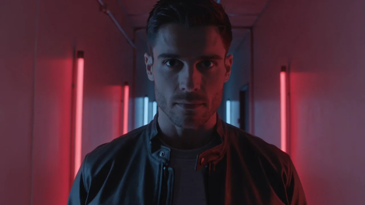 The same prompt with the feeling written as an action: a man in a leather jacket lifts his chin and holds the camera with his eyes