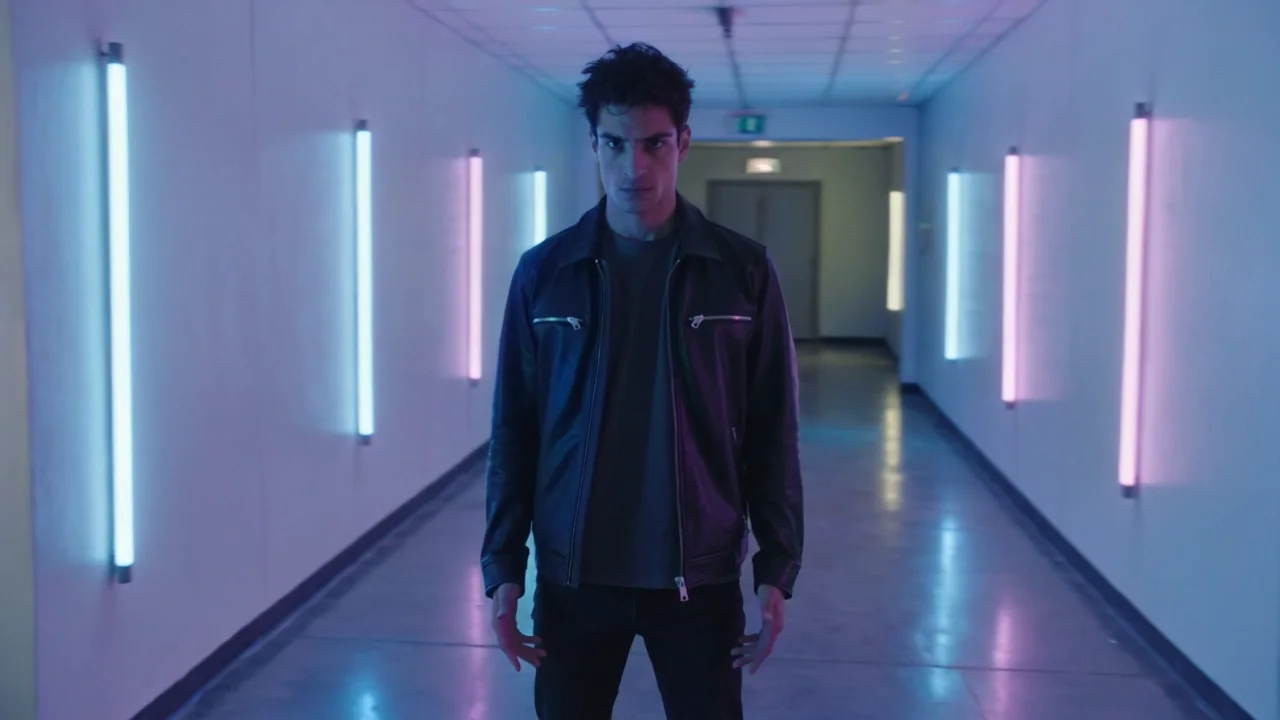 The same prompt with the hands given a job: a man in a leather jacket in a corridor of pale tubes, both hands open at his sides as he turns away and back