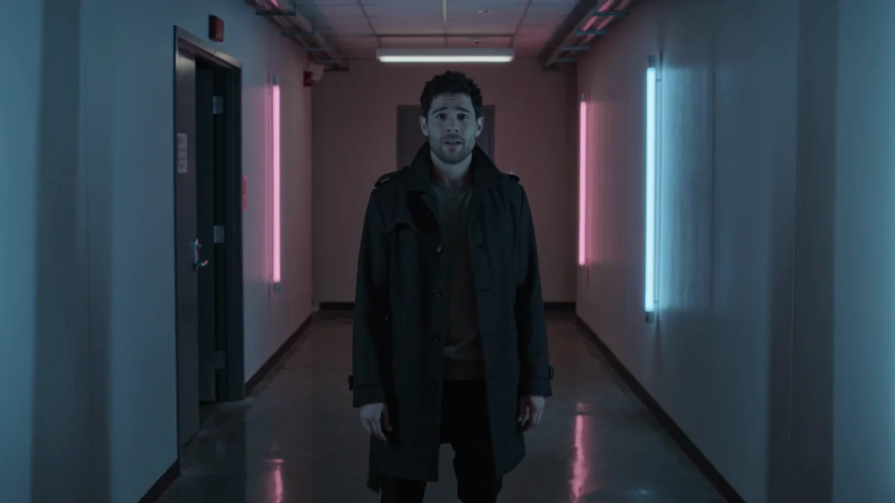 The same prompt with the move written as a path: a man looks down, raises his head and turns to face the camera, then holds