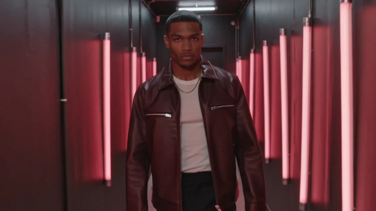 The same prompt with the subject named: a man in an oxblood leather jacket, a white top and a gold chain in a corridor of red tubes