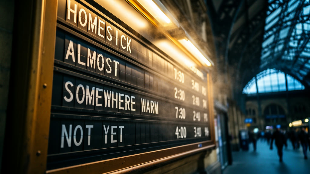 Beispiel erstellt mit FLUX.2 Flex: A large split-flap railway departure board in a dim station concourse, caught mid-flip with some rows still clattering. The destination column reads…