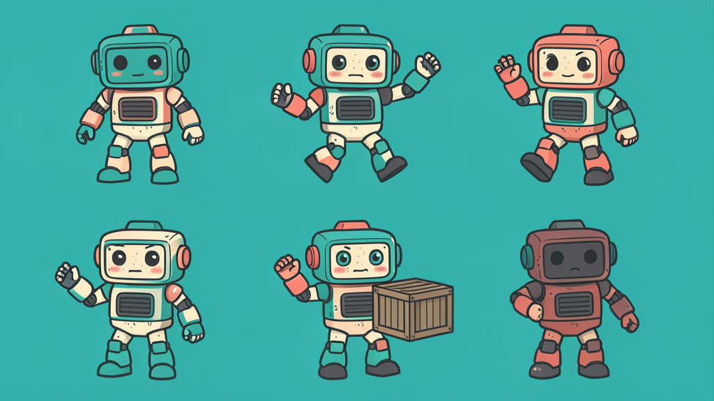 Beispiel erstellt mit FLUX.2 Klein: A game sprite sheet of one chunky little robot character in a flat cel-shaded style on a plain teal background, shown in six poses in two rows: idle…
