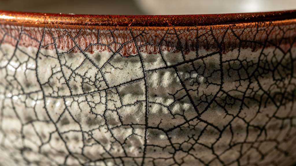 Ejemplo creado con FLUX.2 Max: An extreme close-up of a cracked ceramic glaze on a raku-fired bowl, the crackle lines filled with dark iron oxide, a rim of copper-red flashing…