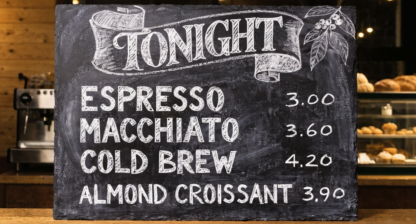 Beispiel erstellt mit FLUX Kontext Max: Keep the chalkboard, the cafe lighting and the chalk texture exactly as they are. Change only the written text: the heading should read "TONIGHT"…