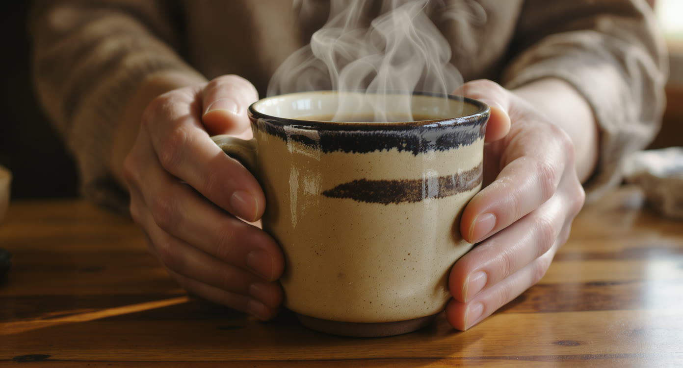 Beispiel erstellt mit FLUX Kontext Pro: A close-up of a hand-thrown stoneware mug held in two hands over a wooden table, steam rising, warm side light from a window, speckled oatmeal glaze…
