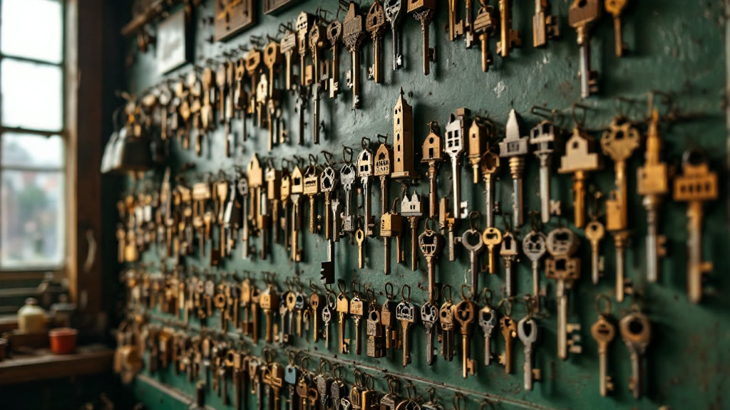Flux Pro로 만든 예시: A locksmith's wall of hanging keys where each key's bit has been cut into the silhouette of a different tiny building: a church spire, a water tower…
