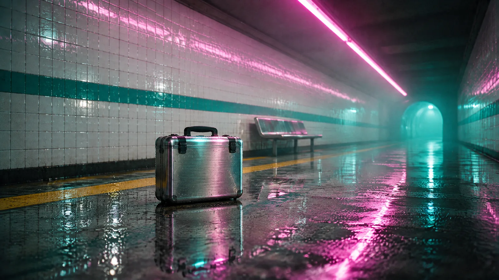 The chrome case standing alone on the wet platform beside the yellow line, the bench and the cyan tunnel soft behind it
