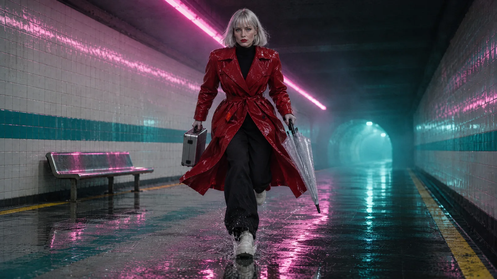 Vale sprinting towards the camera along the platform, red coat flying, the chrome case in her right hand and the umbrella in her left