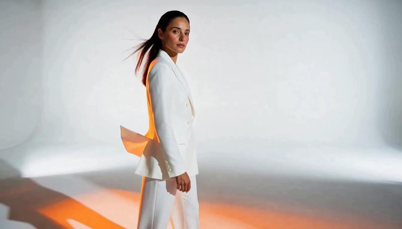 The woman in the white suit turns from facing the camera, walks to the right and ends side-on, glancing back, the orange shadow sweeping across the floor
