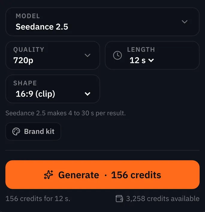 The composer on a phone: Seedance 2.5 at 720p and 12 s above the orange Generate button, which carries the price, with the available balance underneath