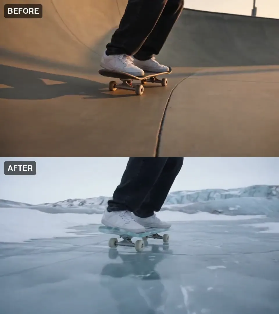 The source clip above and the glacier edit below, playing in sync