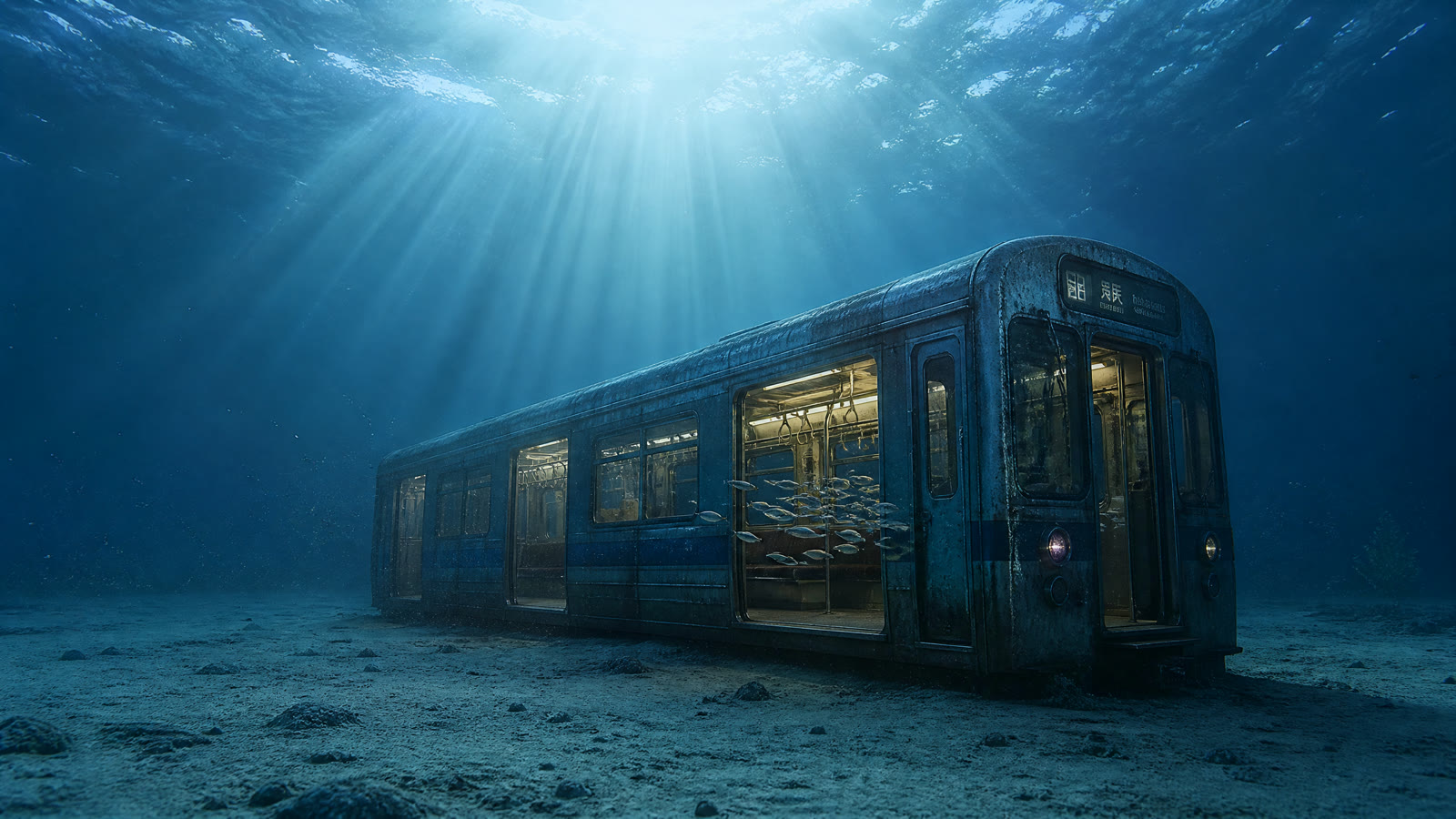 Exemple créé avec GPT Image 2 : An underwater wide shot of a subway carriage resting upright on a pale sand seabed, its interior fluorescent lights still burning warm against the…