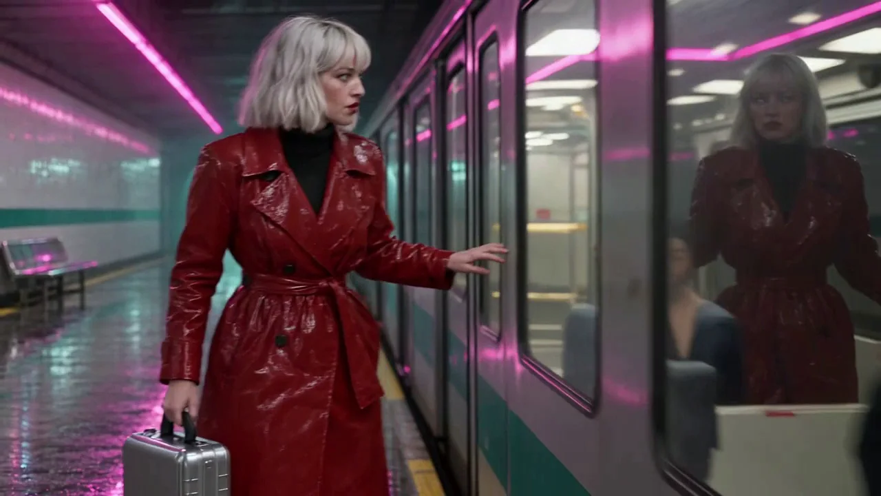 Shot 3 before the grade: the neon and the coat as the model rendered them