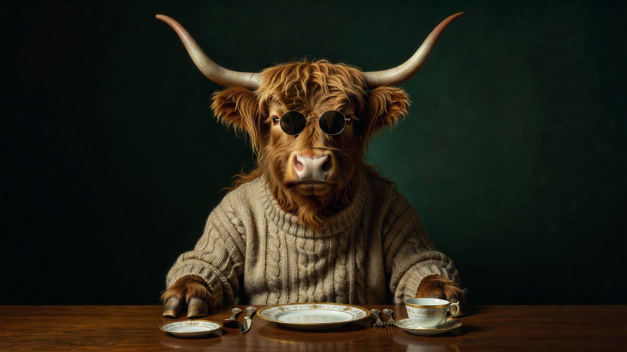 Esempio creato con Grok Imagine: An absurdist poster image: a stately Highland cow wearing tiny round sunglasses and a knitted jumper, sitting upright at a formal dining table set…