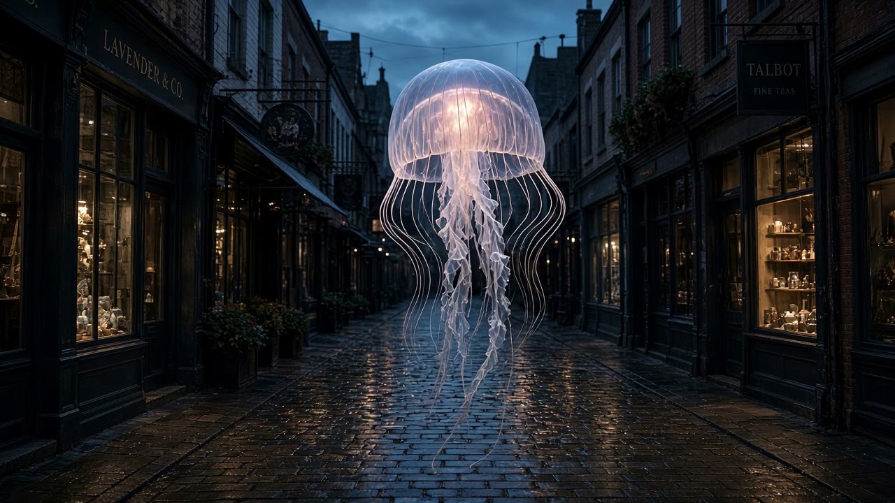 Esempio creato con Grok Imagine Video 1.5: An enormous translucent jellyfish drifts slowly down the middle of a narrow shopping street at dusk, glowing softly from within and lighting the…