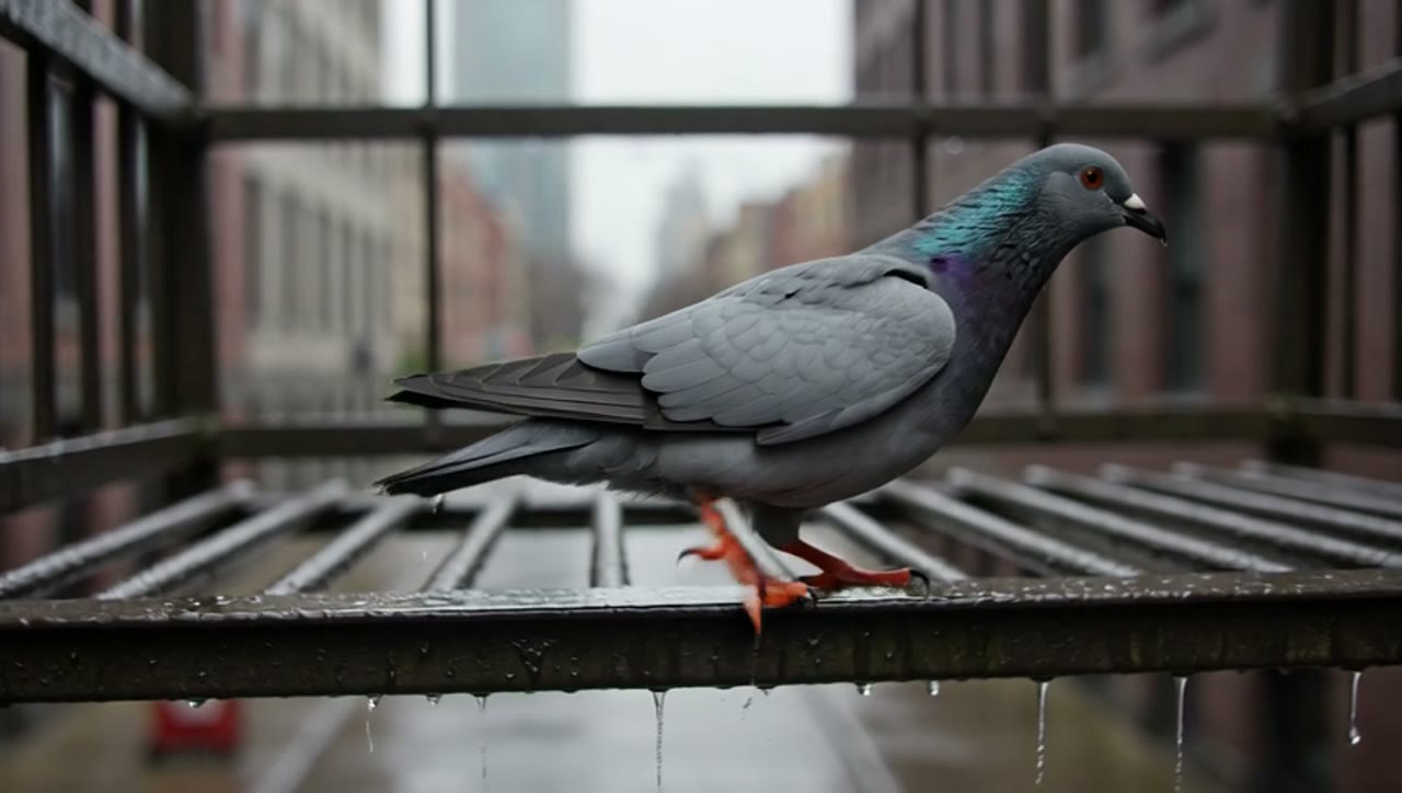 Grok Imagine Video로 만든 예시: A pigeon on a fire escape shakes the rain off its back and struts along the rail, city hum and dripping metal underneath. Grimy handheld snapshot…