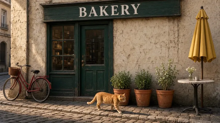 Grok Imagine Video 1.5: the bakery storefront with the camera sliding sideways and a closed yellow umbrella