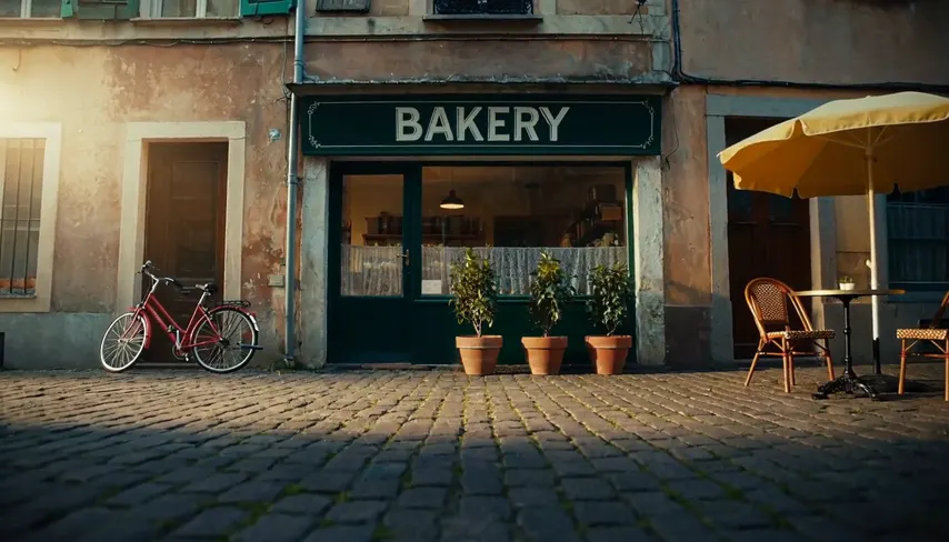 Hailuo 3: the same bakery storefront, a ginger cat walking into frame from the left