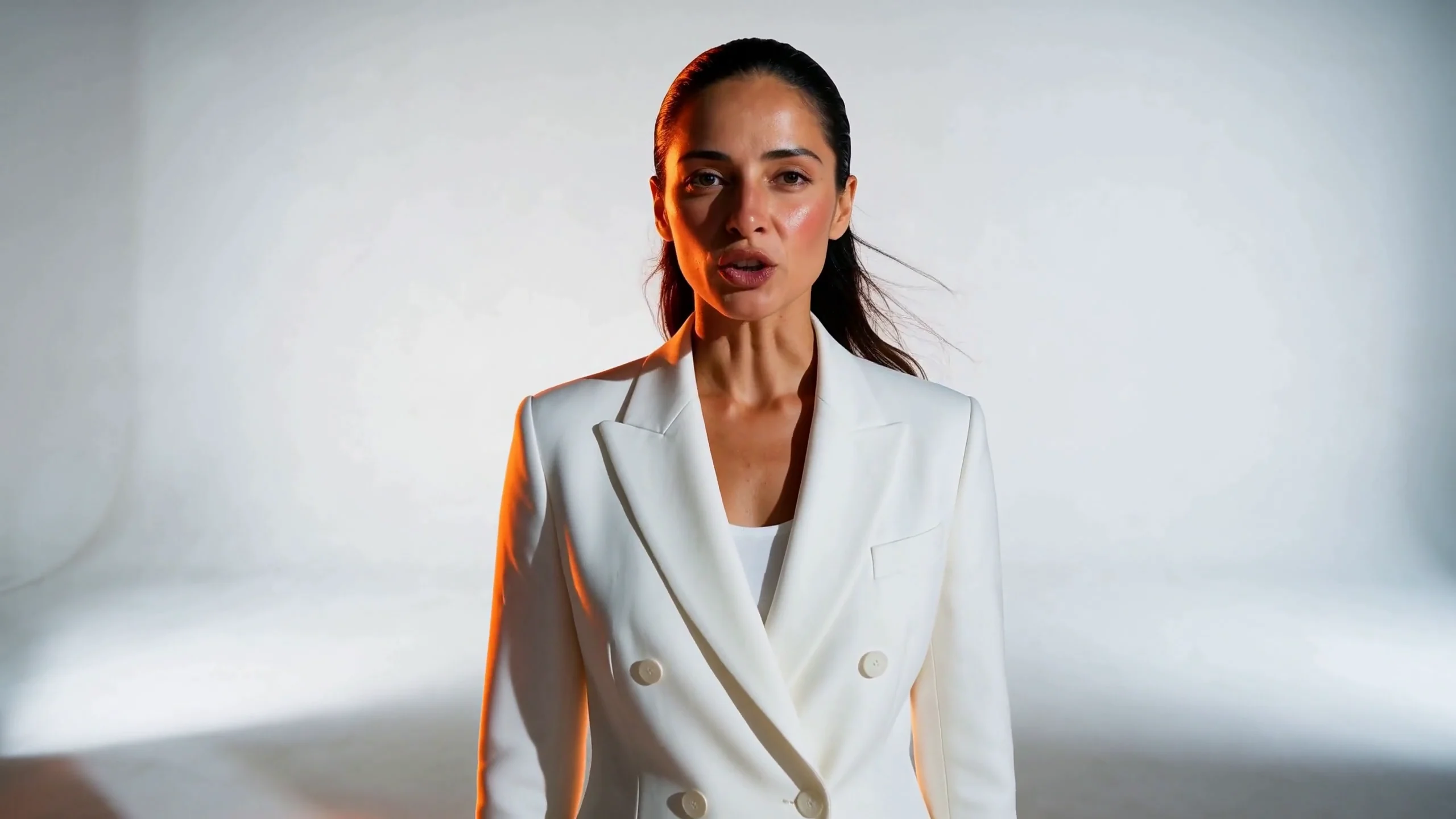 A woman in a white suit walks toward the camera in a white studio under a hard orange side light, stops and speaks