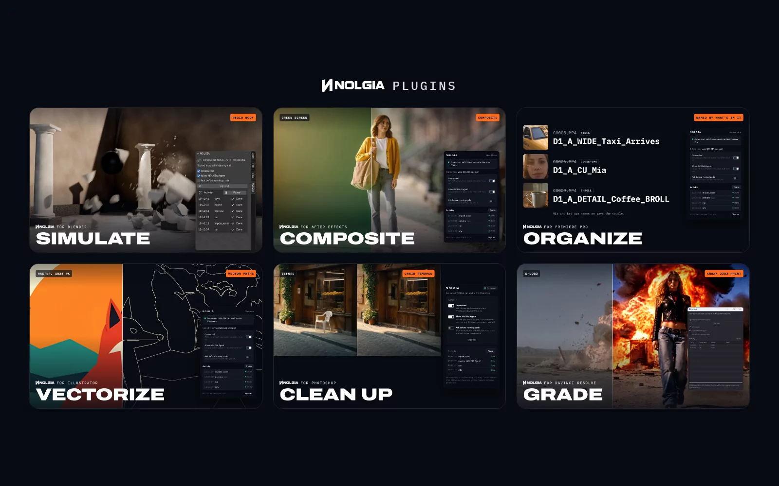 Six problèmes et la façon dont un plugin NOLGIA résout chacun, l’un après l’autre : une colonne qui doit s’effondrer, simulée dans Blender ; un plan sur fond vert incrusté dans une rue dans After Effects ; des clips caméra renommés selon leur contenu dans Premiere Pro ; des images S-Log3 plates étalonnées avec Kodak 2383 Print dans DaVinci Resolve ; une chaise retirée d’une photo de rue dans Photoshop ; et une image raster vectorisée en tracés dans Illustrator, chacun avec le panneau du plugin. La vidéo s’ouvre et se termine sur les six cartes de plugins.