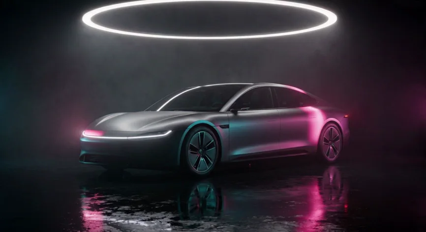 The camera eases around the nose of the graphite coupe as cyan and magenta light sweeps the bodywork under the ring light