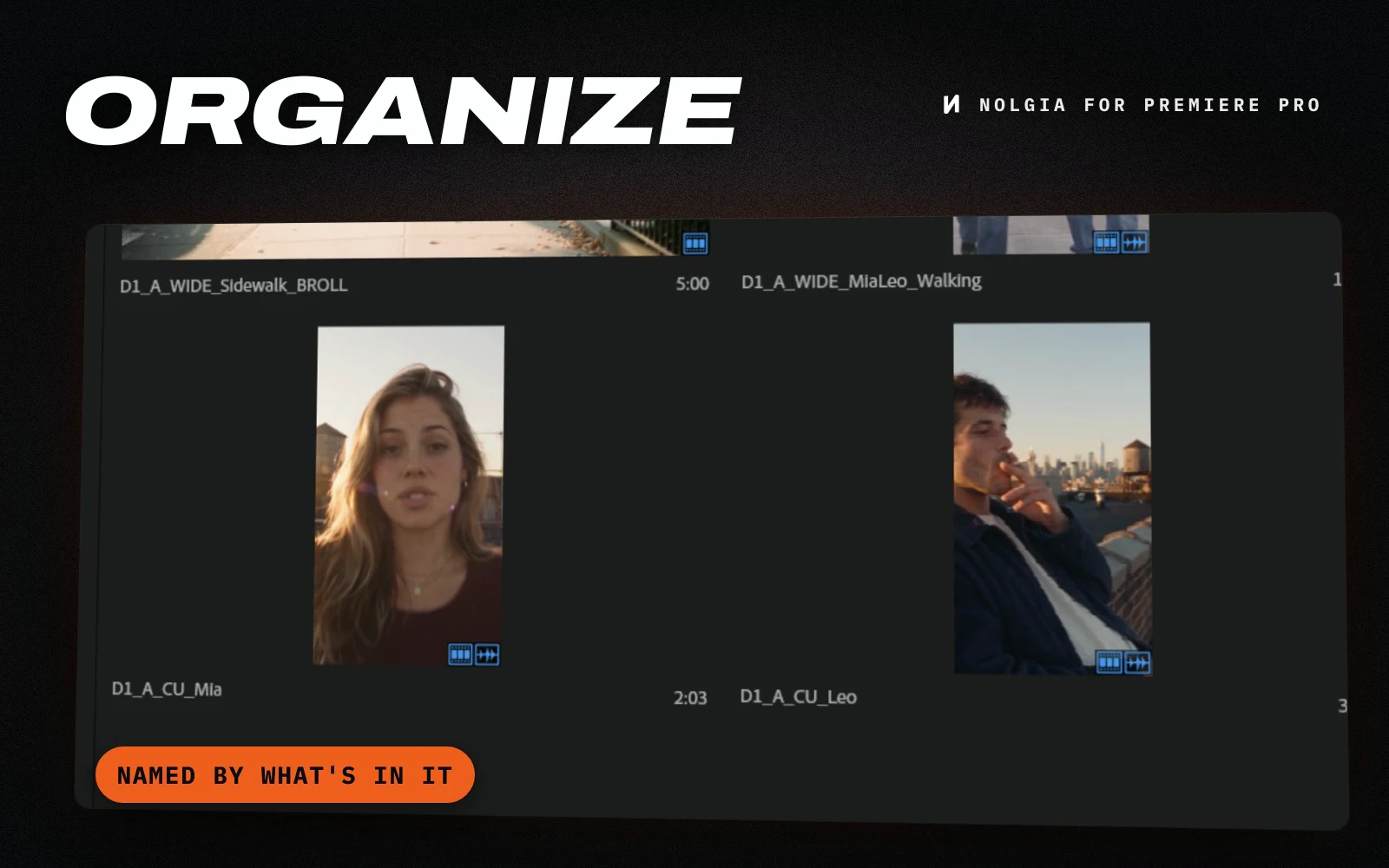 للمونتيرين: لوحة Project في Premiere Pro مع مقاطع بطاقة الكاميرا تحت أسماء الكاميرات، والسؤال: ماذا يوجد على C0006؟ ثم تسجيل شاشة للوحة Project في Premiere Pro أثناء قيام الوكيل بإعادة تسمية كل مقطع بناءً على محتواه عبر الإضافة، حيث يتحول C0006.MP4 إلى D1_A_CU_Mia، وفرز المقاطع في مجلدات (bins) لليوم الأول والكاميرا A: لقطات واسعة (Wides)، ولقطات قريبة (Close-ups)، ولقطات B-roll. يبدأ وينتهي العرض على بطاقة تنظيم. Mia وLeo هما الاسمان اللذان أطلقناهما على الزوجين.