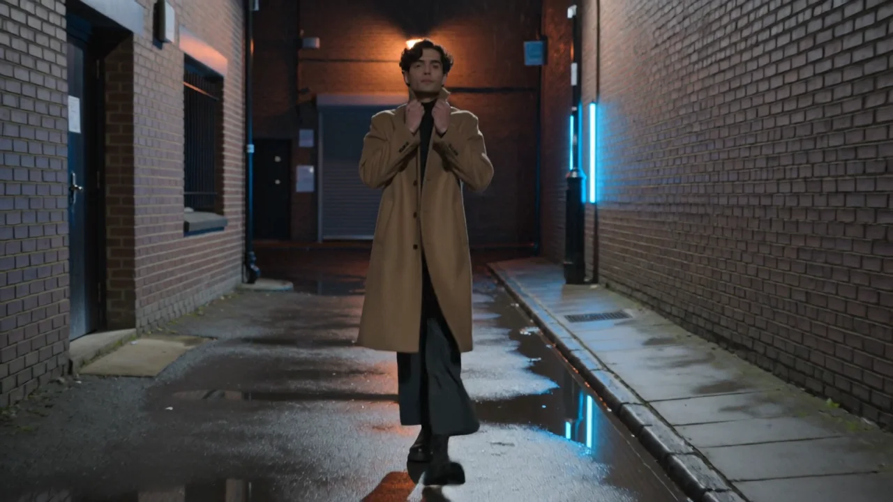 Kling v3 at 720p: the man in the camel coat walks toward a handheld camera through the wet alley, a lamp behind him and a cyan tube on the wall
