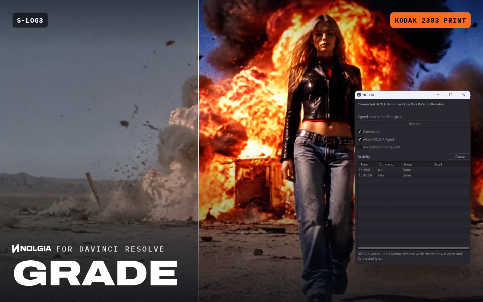 لصنّاع الأفلام: لقطة بصيغة S-Log3، باهتة ورمادية، تنتقل بمسحة إلى تلوين فيلم Kodak 2383 Print. ثم تسجيل شاشة لـ نافذة NOLGIA في DaVinci Resolve أثناء تشغيل import_asset في المشروع.