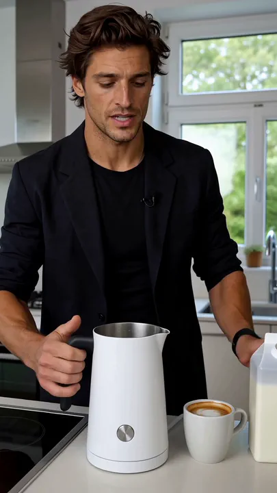 A presenter at a bright kitchen counter pours milk into a matte white frother, then pours the foam into a coffee cup and holds it up.