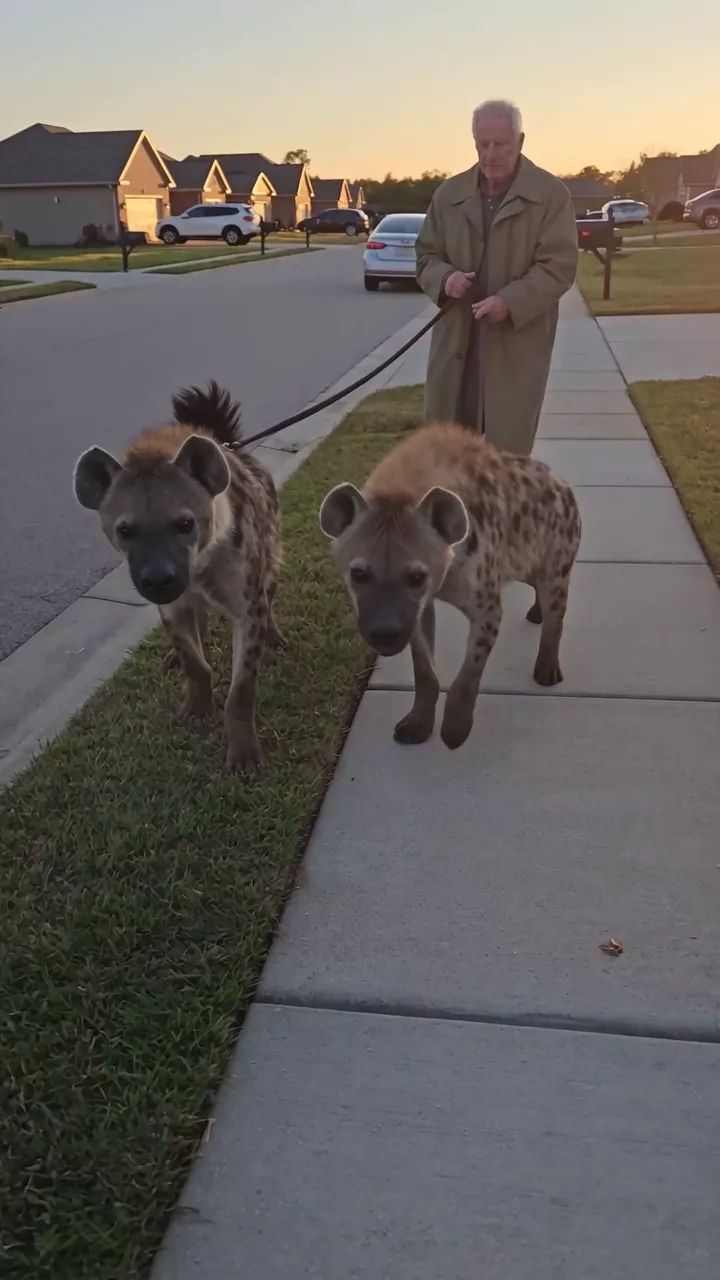 An old man in a tan raincoat walks two spotted hyenas on leashes down a suburban sidewalk at sunset; one walks up to the camera until its snout fills the frame, mouth open, then both fall back beside him