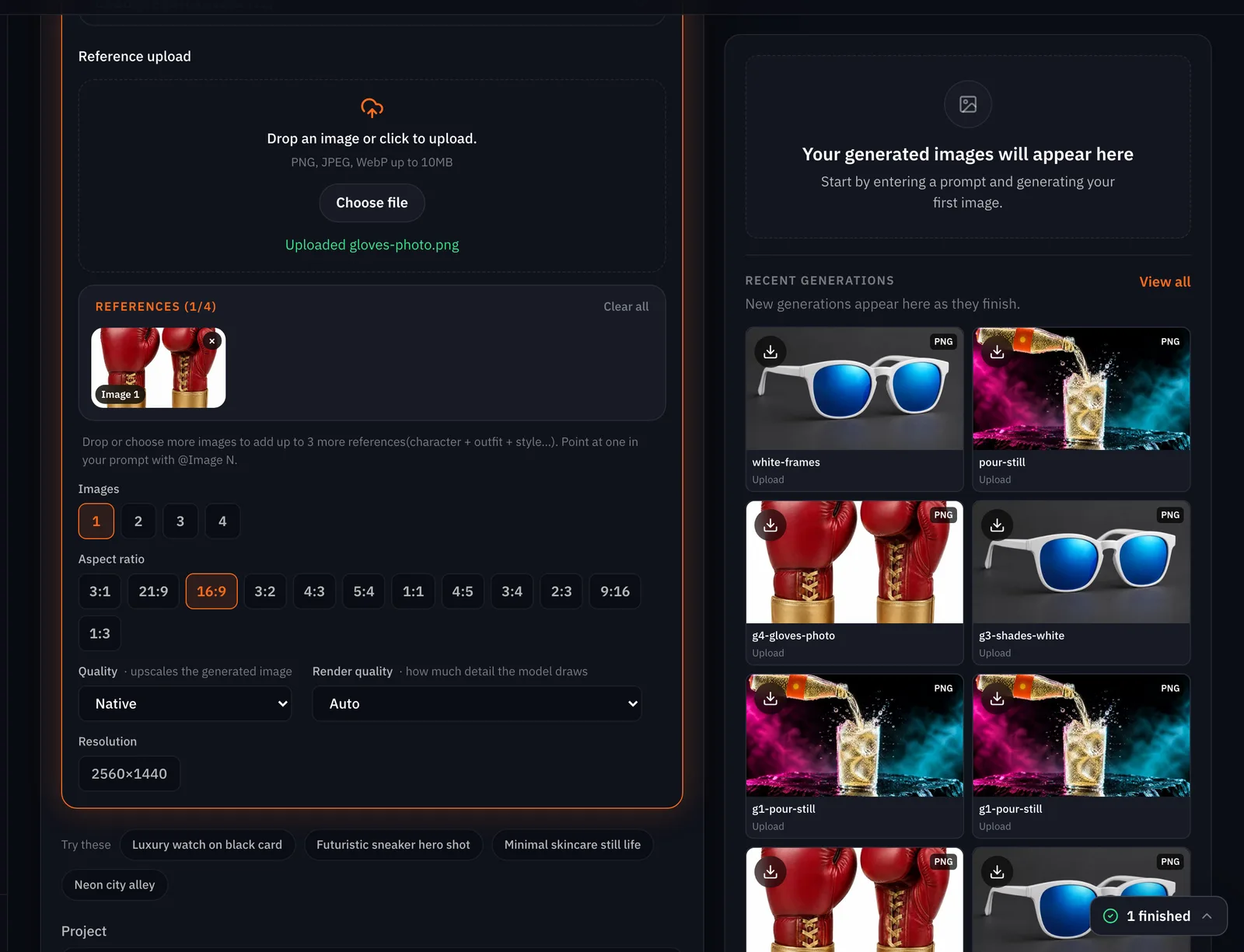 The image console on a desktop: the gloves photo uploaded and shown as Image 1 under References, one image, 16:9 selected, native quality
