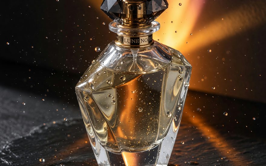 Generated product photograph of a glass perfume bottle backlit in warm amber on wet slate.