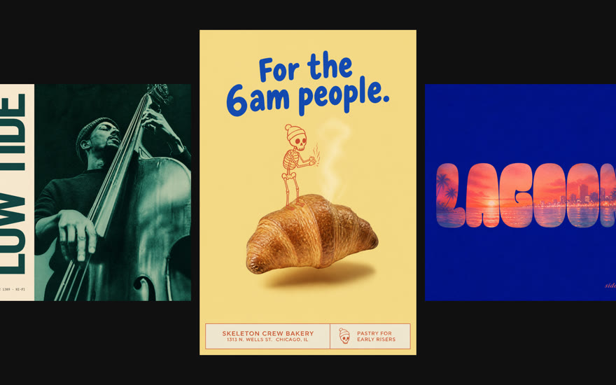 Three freshly generated NOLGIA designs: a Low Tide jazz record cover, a Skeleton Crew bakery poster and a Lagoon retro type treatment.