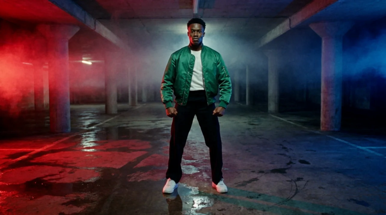 The dancer from the still bursts out of his pose, slides low across the wet car park floor and lands facing the camera with his arms wide, the red and blue haze behind him