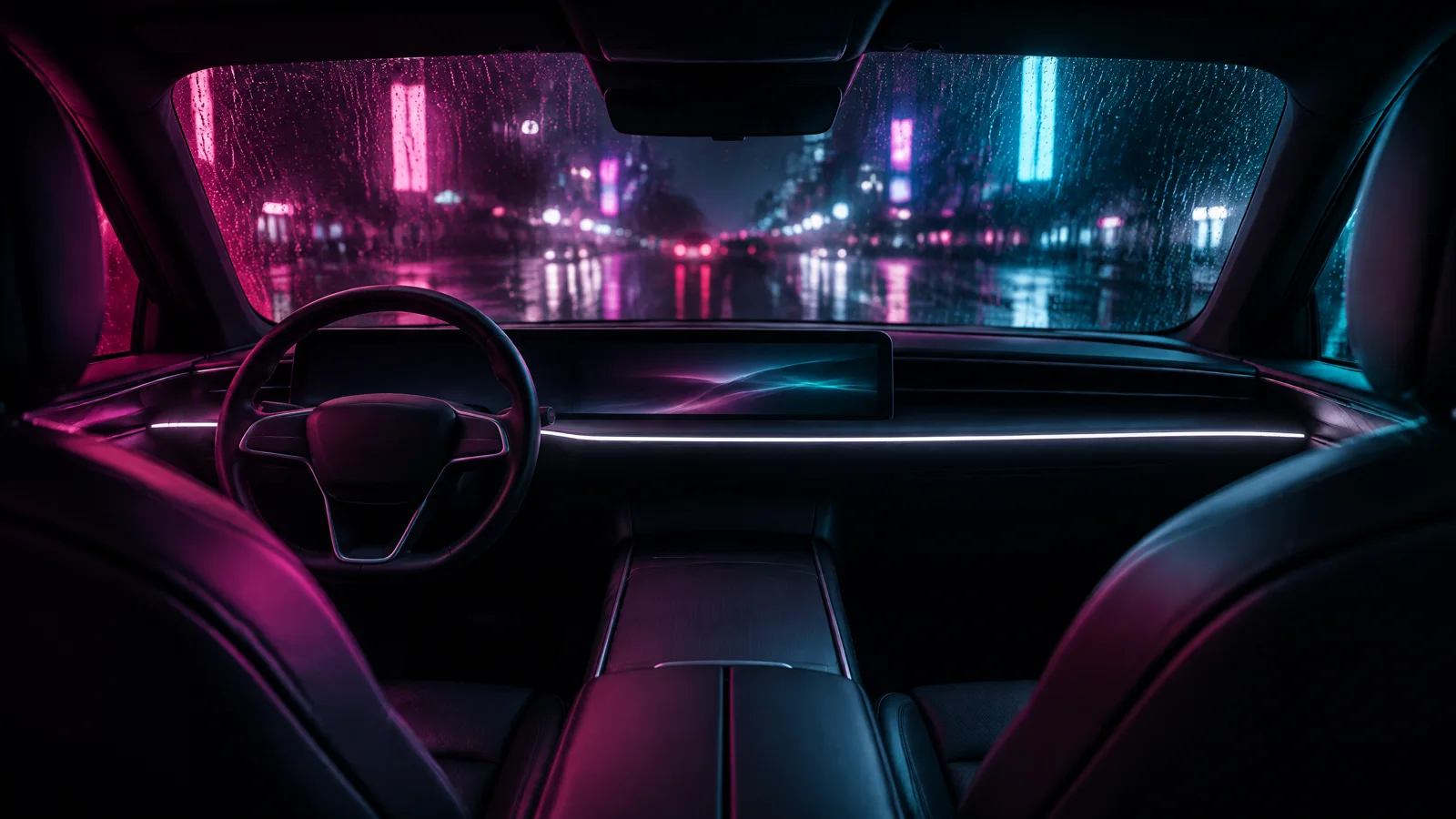 The interior still: a dark leather cabin with a thin light strip along the dash, magenta light from the left and cyan from the right, rain and unreadable neon through the windscreen