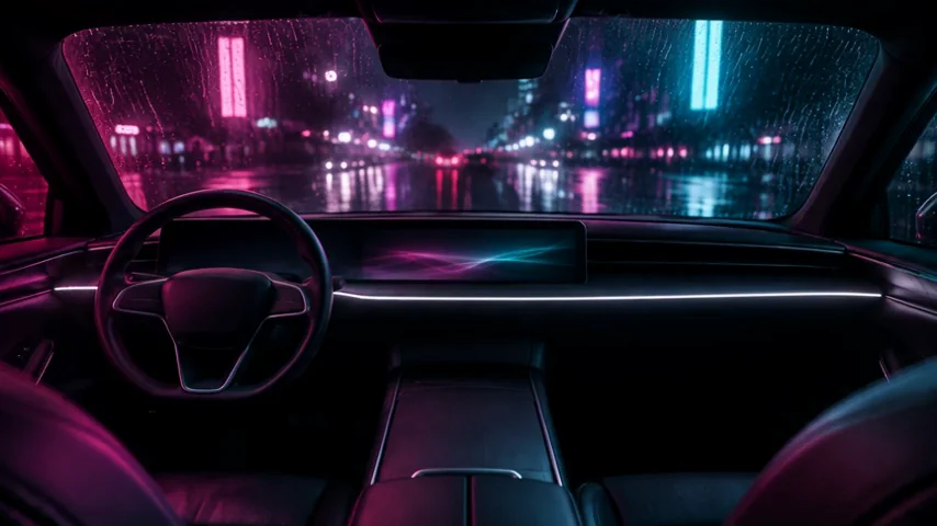 The interior clip: a slow push-in toward the windscreen as rain streaks the glass and the neon drifts past