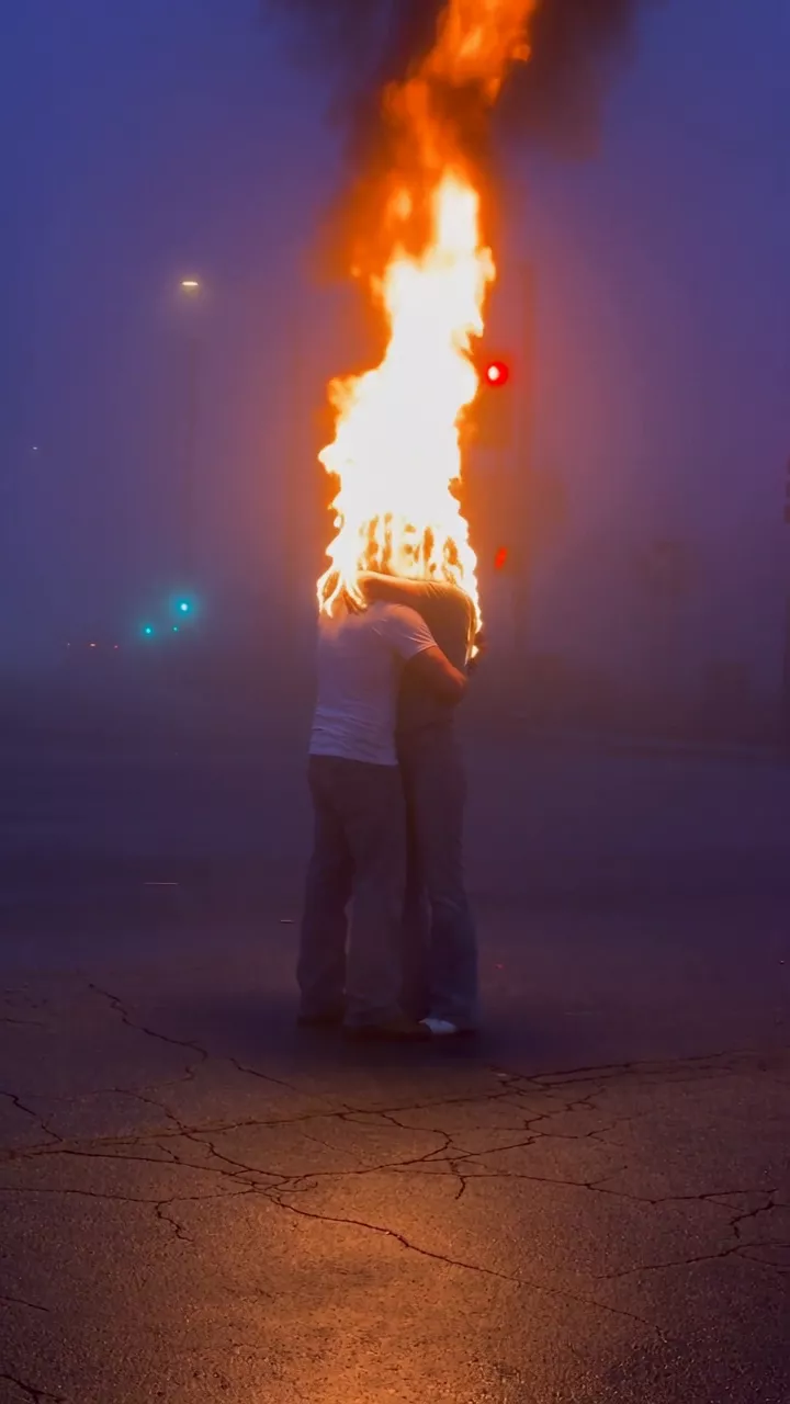 A couple with flames for heads stands embracing at an empty intersection in blue-violet fog, one tall column of flame between them, with red and green traffic lights