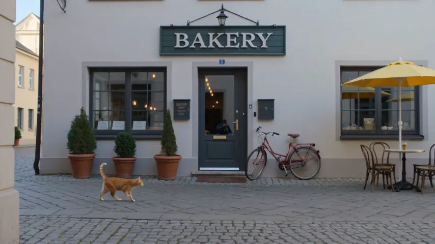 A bakery storefront on a cobblestone street with a green BAKERY sign, a red bicycle, three potted plants, a yellow umbrella and a ginger cat walking past, rendered by Kling v3, run 2.