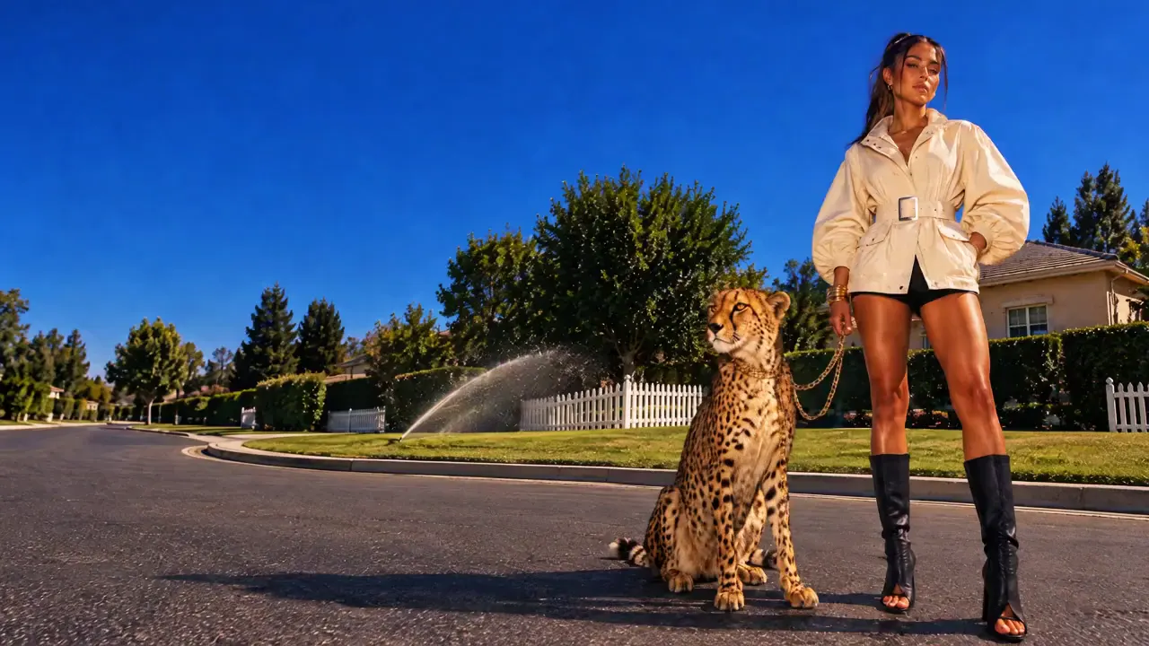 L’image large de SPOTTED animée en un clip de lancement de 5 s en plan fixe : l’arroseur qui balaie, le guépard qui se tourne vers l’objectif. Étalonnée dans Studio avec le look Kodak Ektar 100.
