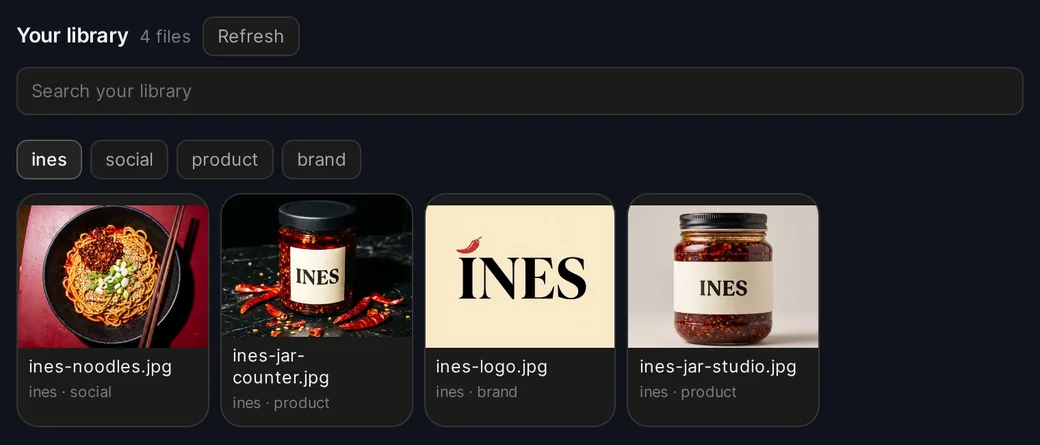 The library card in ChatGPT: four saved images of a chili crisp brand, with search and tags.