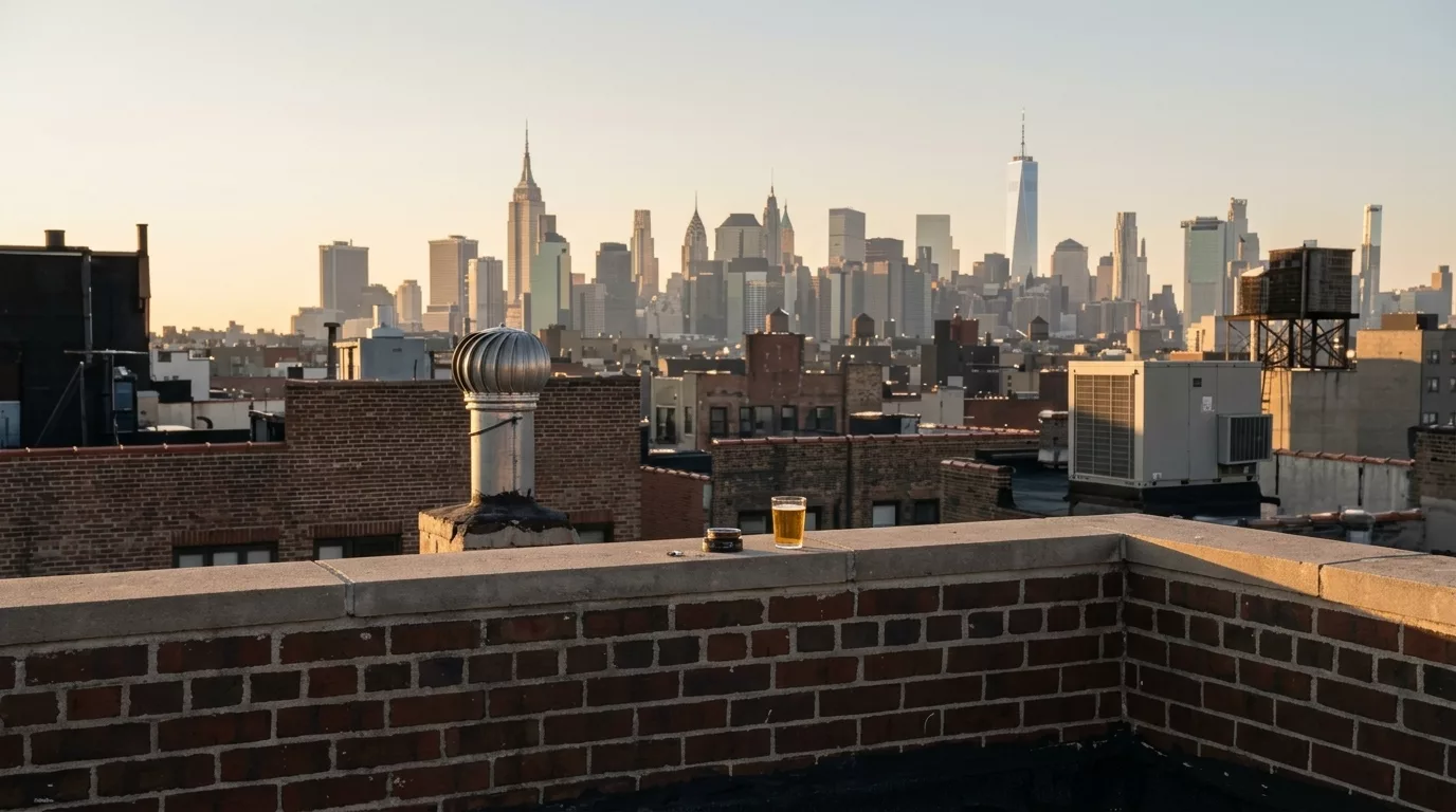 A New York rooftop in warm late-afternoon light: a brick parapet with a glass of beer on it, a turbine vent, an air conditioning unit and a water tower, and the Manhattan skyline behind