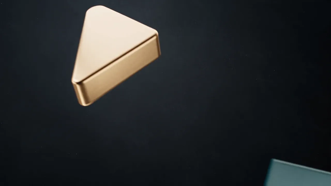 Three chevrons in brass, teal and off white arrive on arcs and lock into one geometric mark on a charcoal background, a warm light bloom behind it