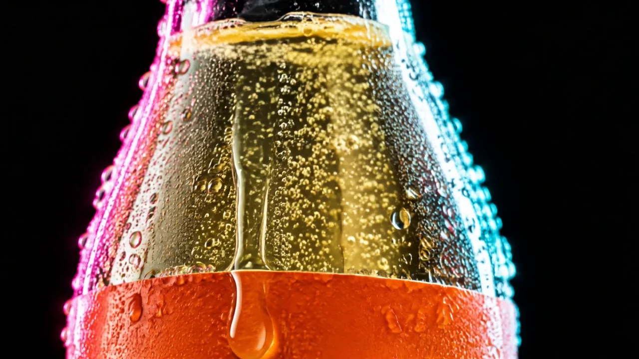 Extreme close-up of a condensation drop sliding down the bottle over the edge of the orange band
