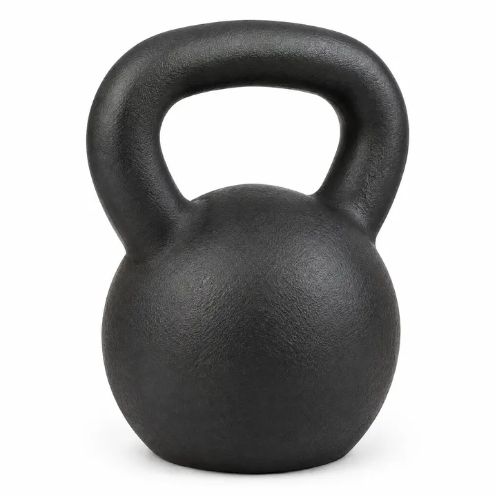 A matte black cast iron kettlebell with a lightly textured finish, alone on a pure white background and filling most of the square frame.