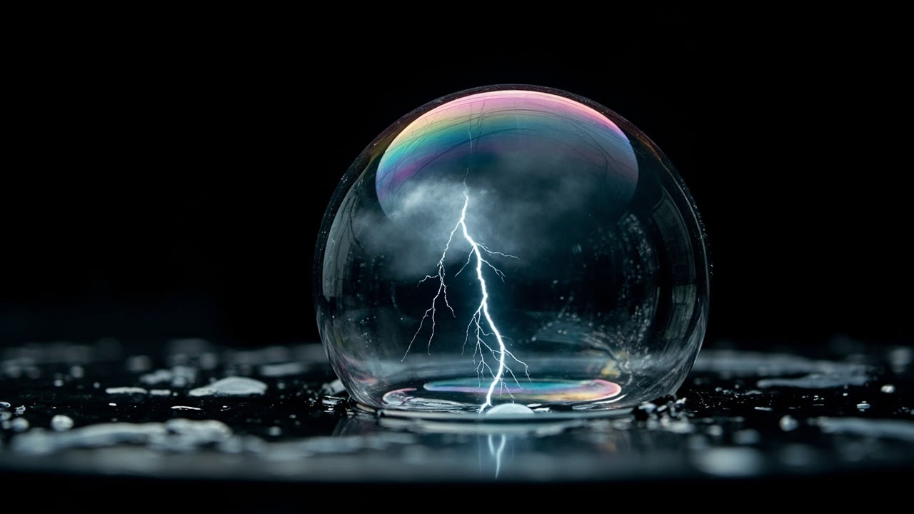 Beispiel erstellt mit MiniMax Image 01: An extreme macro of a single soap bubble resting on a dark wet surface, its skin swirling with thin-film iridescence, and inside the bubble a…