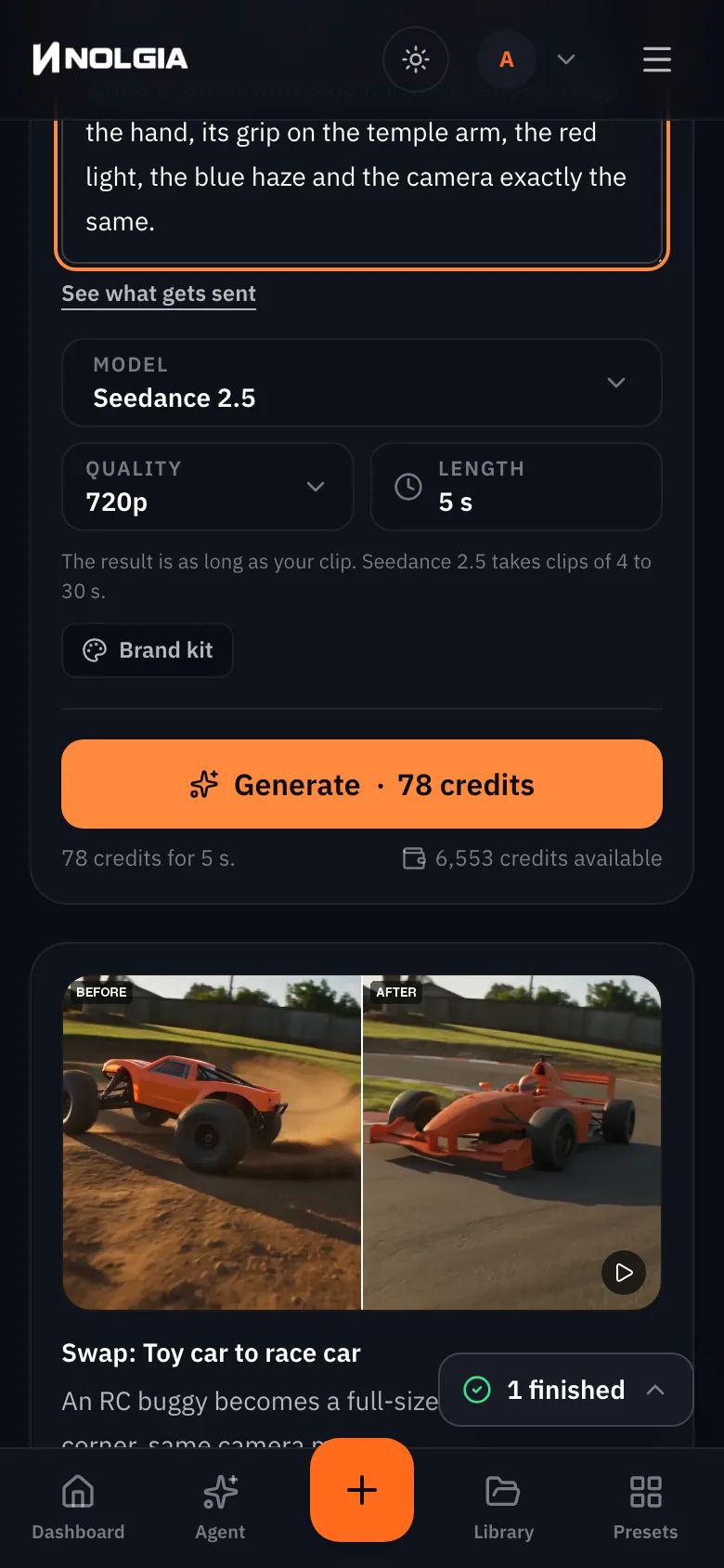 The same Miroge form on a phone: model, quality, length and the Generate button with its price