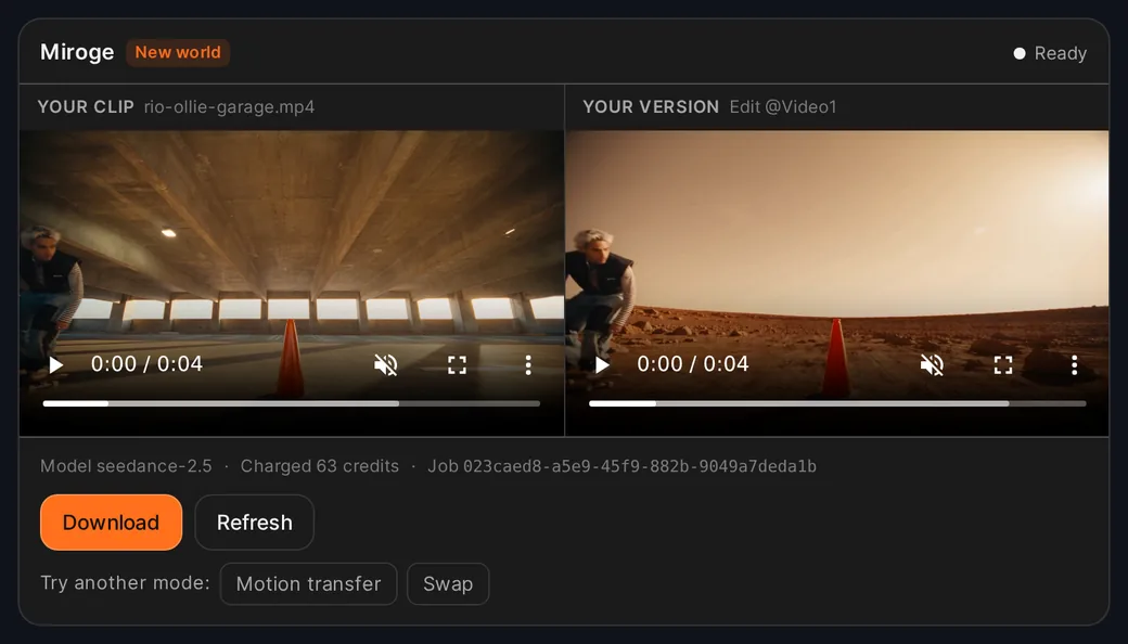 The Miroge card in ChatGPT: a skater's clip in a parking garage beside its New world remake on Mars.